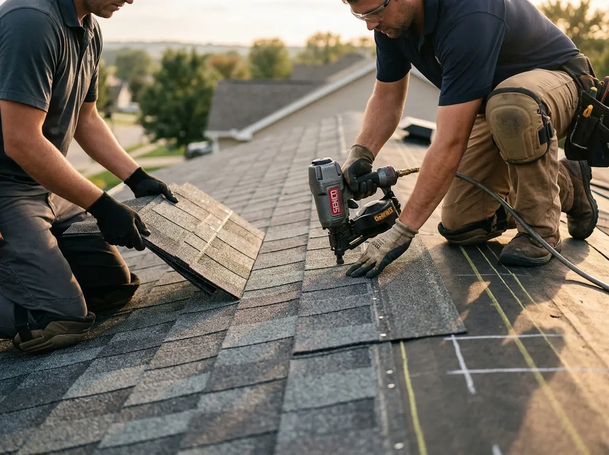 Professional roofer working on a residential roof in Monett